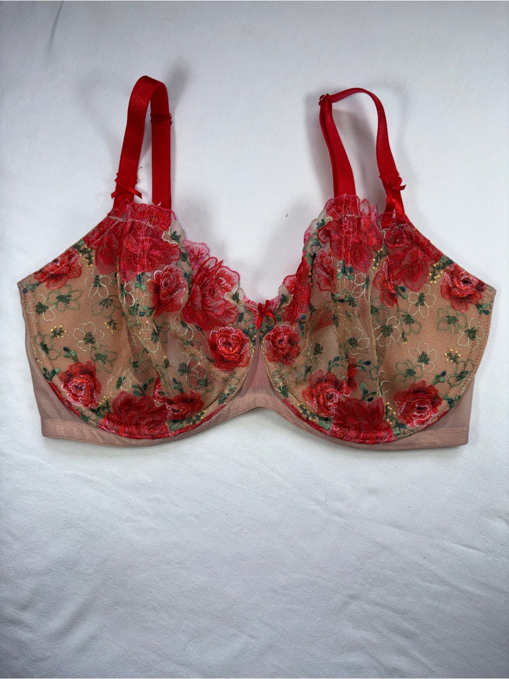 Victoria's Secret Red Nude Floral Embroidered Unlined Push Up Bra 36DDD